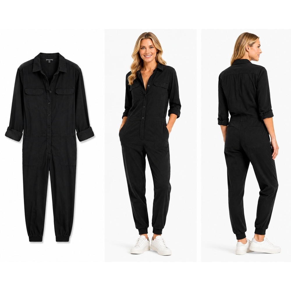 James Perse Jumpsuit Womens 1 Black Utility Boiler Suit Long Sleeve Button Front